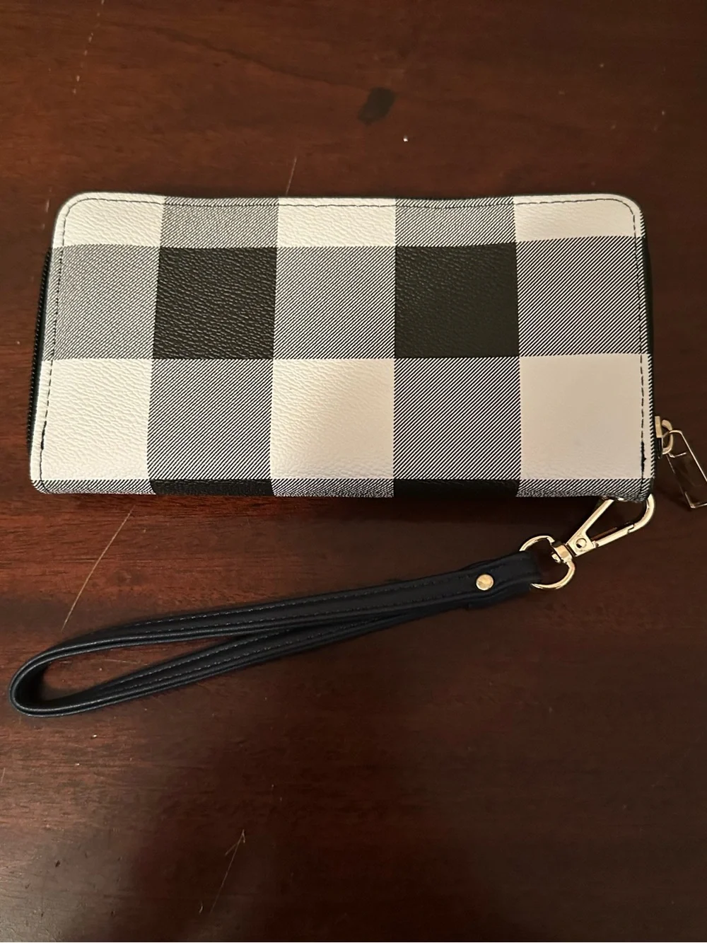 MKF Collection by MiaK Navy and White Plaid Wristlet Wallet NWT